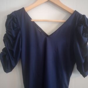 Boston Proper Navy Blue Ruched Sleeve Blouse